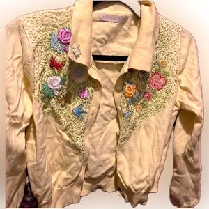 Rare Vintage Embroidered Floral Cardigan | Beaded Knit | Small | Blue Stocking